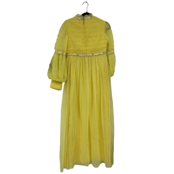 Vintage Womens Shift Dress 11-12 Yellow Ruffled Maxi Bell Sleeve Cottagecore - Picture 2 of 8